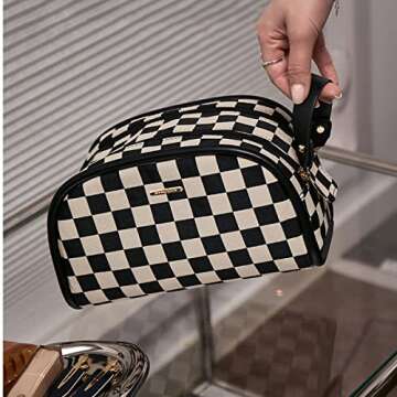 cirea Vintage Black Double Zippers Checkered Large Capacity Cosmetic Bag with Compartments Skincare Bag for Women Makeup Bag (Black)