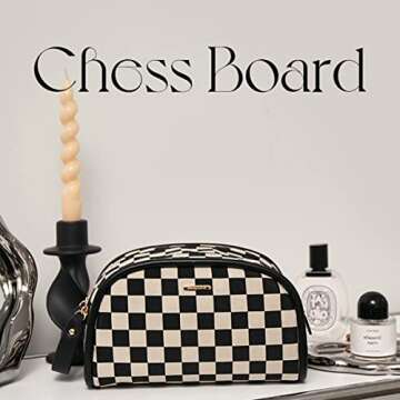 cirea Vintage Black Double Zippers Checkered Large Capacity Cosmetic Bag with Compartments Skincare Bag for Women Makeup Bag (Black)