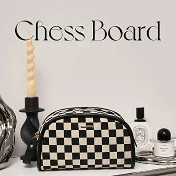 cirea Vintage Black Double Zippers Checkered Large Capacity Cosmetic Bag with Compartments Skincare Bag for Women Makeup Bag (Black)