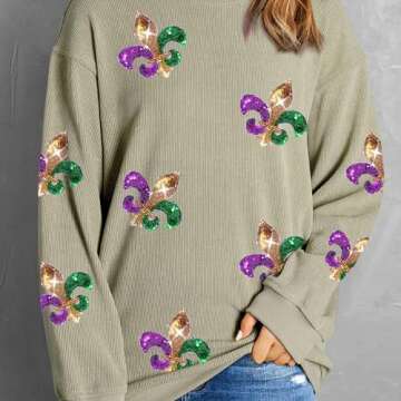 IGDOXKP Mardi Gras Outfit for Women Sequin Sweatshirt Casual Holiday Print Round Neck Long Sleeve Pullover Tops