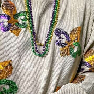 IGDOXKP Mardi Gras Outfit for Women Sequin Sweatshirt Casual Holiday Print Round Neck Long Sleeve Pullover Tops