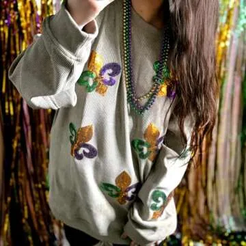 IGDOXKP Mardi Gras Outfit for Women Sequin Sweatshirt Casual Holiday Print Round Neck Long Sleeve Pullover Tops