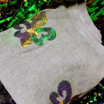 IGDOXKP Mardi Gras Outfit for Women Sequin Sweatshirt Casual Holiday Print Round Neck Long Sleeve Pullover Tops