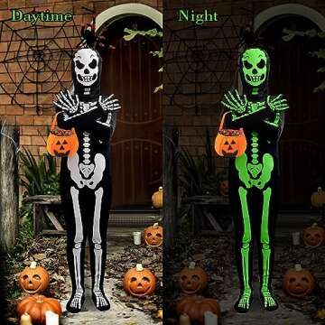 FAYBOX Skeleton Costume Glow in The Dark for Kids Toddler, Halloween Fortnite Onesie for Boy Girls with Pumpkin Candy Bag(3-4)