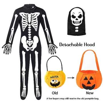 FAYBOX Skeleton Costume Glow in The Dark for Kids Toddler, Halloween Fortnite Onesie for Boy Girls with Pumpkin Candy Bag(3-4)