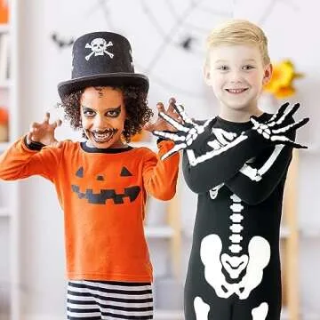 FAYBOX Skeleton Costume Glow in The Dark for Kids Toddler, Halloween Fortnite Onesie for Boy Girls with Pumpkin Candy Bag(3-4)