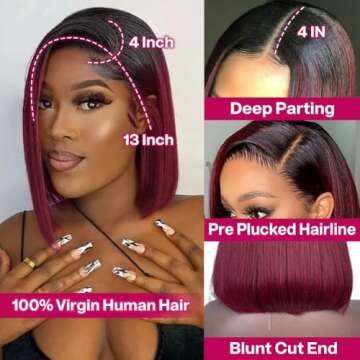 HIRIREMY Ombre 99J Burgundy Lace Front Bob Wigs Human Hair 13x4 HD Lace Frontal Wigs Glueless Short ...