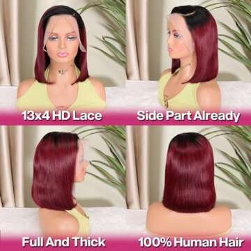 HIRIREMY Ombre 99J Burgundy Lace Front Bob Wigs Human Hair 13x4 HD Lace Frontal Wigs Glueless Short Straight Bob Wigs for Black Women Human Hair Pre Plucked Natural Hairline 1B/99J 12 Inch