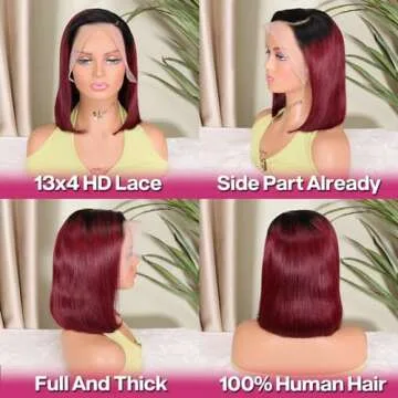 HIRIREMY Ombre 99J Burgundy Lace Front Bob Wigs Human Hair 13x4 HD Lace Frontal Wigs Glueless Short Straight Bob Wigs for Black Women Human Hair Pre Plucked Natural Hairline 1B/99J 12 Inch