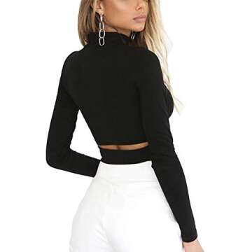 Susupeng Women Mock Neck Long Sleeve Cut Out Open Front Crop Top Tee Tops Slim Short T-Shirt (Small, Black)