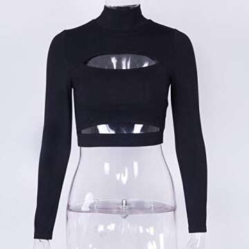 Susupeng Women Mock Neck Long Sleeve Cut Out Open Front Crop Top Tee Tops Slim Short T-Shirt (Small, Black)