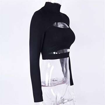 Susupeng Women Mock Neck Long Sleeve Cut Out Open Front Crop Top Tee Tops Slim Short T-Shirt (Small, Black)