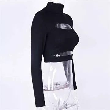 Susupeng Women Mock Neck Long Sleeve Cut Out Open Front Crop Top Tee Tops Slim Short T-Shirt (Small, Black)