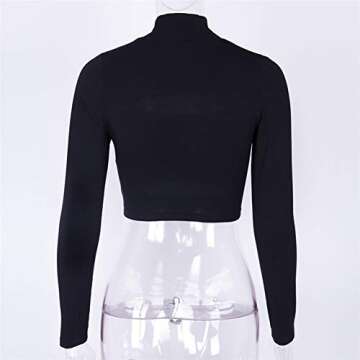 Susupeng Women Mock Neck Long Sleeve Cut Out Open Front Crop Top Tee Tops Slim Short T-Shirt (Small, Black)
