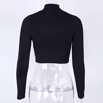 Susupeng Women Mock Neck Long Sleeve Cut Out Open Front Crop Top Tee Tops Slim Short T-Shirt (Small, Black)