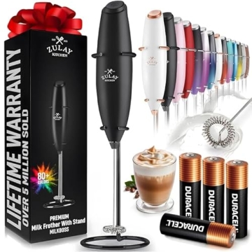 Zulay Powerful Milk Frother (4 Duracell Batteries Included) - Handheld Milk Frother Wand Drink Mixer...