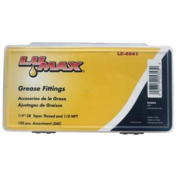 Lumax LX-4841 Gold/Silver (SAE) 1/4"-28 Taper and 1/8" P.T.F. 100 Piece Grease Fitting Assortment. Designed to meet the demanding requirements of most Automotive, Agricultural, Industrial
