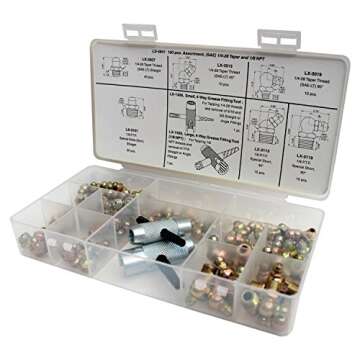 Lumax LX-4841 Gold/Silver (SAE) 1/4"-28 Taper and 1/8" P.T.F. 100 Piece Grease Fitting Assortment. Designed to meet the demanding requirements of most Automotive, Agricultural, Industrial
