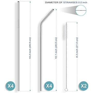 Set of 8 Extra Long 10.5" Inches Stainless Steel Drinking Metal Straws with 2 Cleaning Brushes - Compatible with 30 32 and 40 oz Tumbler Rambler Cup Bottle and Coffee Mug
