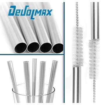 Set of 8 Extra Long 10.5" Inches Stainless Steel Drinking Metal Straws with 2 Cleaning Brushes - Compatible with 30 32 and 40 oz Tumbler Rambler Cup Bottle and Coffee Mug