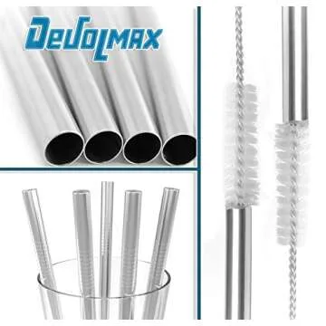 Set of 8 Extra Long 10.5" Inches Stainless Steel Drinking Metal Straws with 2 Cleaning Brushes - Compatible with 30 32 and 40 oz Tumbler Rambler Cup Bottle and Coffee Mug