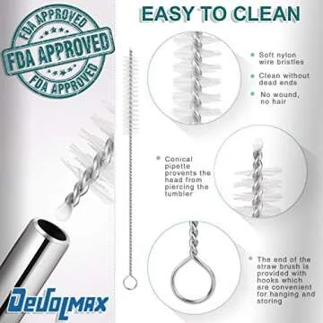 Set of 8 Extra Long 10.5" Inches Stainless Steel Drinking Metal Straws with 2 Cleaning Brushes - Compatible with 30 32 and 40 oz Tumbler Rambler Cup Bottle and Coffee Mug