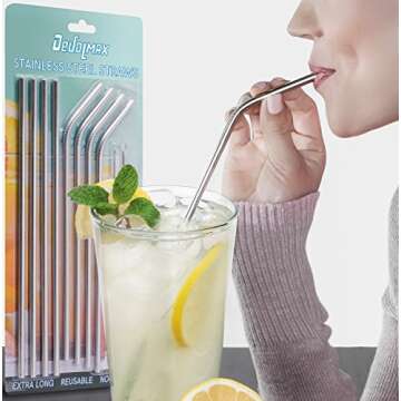 Set of 8 Extra Long 10.5" Inches Stainless Steel Drinking Metal Straws with 2 Cleaning Brushes - Compatible with 30 32 and 40 oz Tumbler Rambler Cup Bottle and Coffee Mug