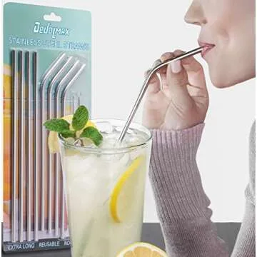Set of 8 Extra Long 10.5" Inches Stainless Steel Drinking Metal Straws with 2 Cleaning Brushes - Compatible with 30 32 and 40 oz Tumbler Rambler Cup Bottle and Coffee Mug
