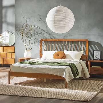 Walker Edison Clemente Mid-Century Modern Spindle Headboard Queen Bedframe, Queen Size, Caramel