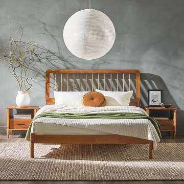 Walker Edison Clemente Mid-Century Modern Spindle Headboard Queen Bedframe, Queen Size, Caramel