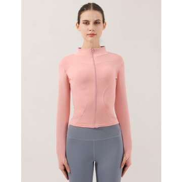 Gacaky Women's Slim Fit Lightweight Athletic Full Zip Stretchy Workout Running Track Jacket with Thumb Holes Pink M