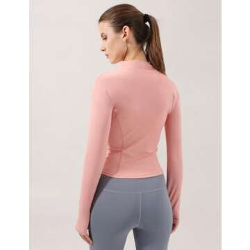 Gacaky Women's Slim Fit Lightweight Athletic Full Zip Stretchy Workout Running Track Jacket with Thumb Holes Pink M