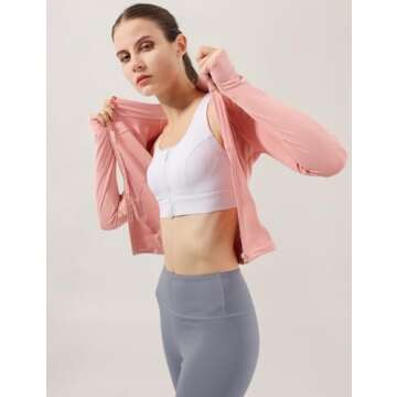 Gacaky Women's Slim Fit Lightweight Athletic Full Zip Stretchy Workout Running Track Jacket with Thumb Holes Pink M