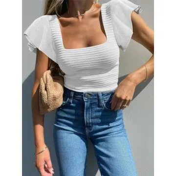 BZB Square Neck Tank Top White Tank Top Woman Ruffle Tank Tops for Women 2024 Fitted Summer Tops