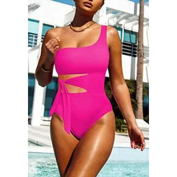 Viottiset Women's One Piece Swimsuit Cut Out Tie Waist One Shoulder Swimwear Cheeky High Cut Bathing Suit Hot Pink S