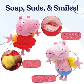 SoapSox Kids Bath Sponge 2pcs (Peppa Pig and George Pig), Soft Washcloth Toy for Fun and Easy Bath Time with Built-in Finger and Soap Pockets, Machine Washable& Dryer Safe, Polyester Terry Cloth
