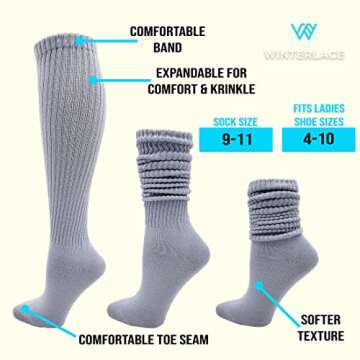 6 Pairs Slouch Socks for Women, Soft Extra Long Scrunch Knee High Sock, Bulk Pack (Assorted White/Bl...