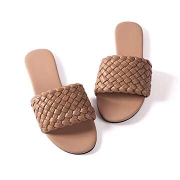 Women Flat Sandals Braided Nude Woven Leather Size 9 Slides Comfort Dressy Summer Wedding Flops Summ...