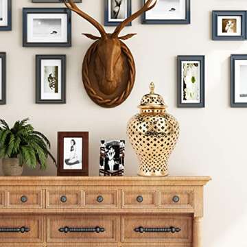 ARTLINE Traditional Pierced Ginger Jar with Lid, Carved Lattice Decorative Temple Jar, Cut Out Ceramic Vases for Home Decor (Medium, Gold)