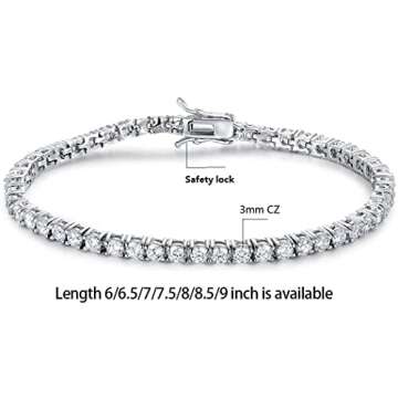 Gemsme 18K White Gold Plated 3.0mm Cubic Zirconia Classic Tennis Bracelet 6.0 Inch