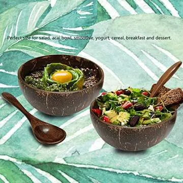 Coconut Bowls and Spoon Sets Natural Vegan Organic Salad Smoothie Breakfast Healthy Green or Acai Bowl Tiktok Eco Friendly Kitchen Serving …