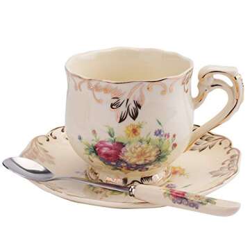 Foraineam Set of 2 Tea Cup and Saucer, 8 oz. Flowering Shrubs Ivory Ceramic Coffee Cup Fancy Floral Porcelain Tea Cup Set with Saucer and Spoon