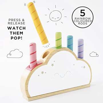 Le Toy Van - Wooden Baby Sensory Petilou Rainbow Cloud Pop Press and Release Toy | Educational Baby Sensory Montessori Toddler Learning Toy - Suitable for 18+ Months