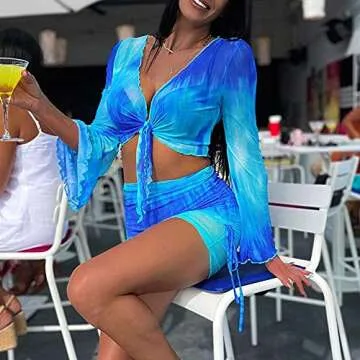 SHESEEWORLD Women's Sexy Long Sleeve 2 Piece Sheer Mesh Cover Up Dress Crop Top Bodycon Ruched Mini Skirt Sets