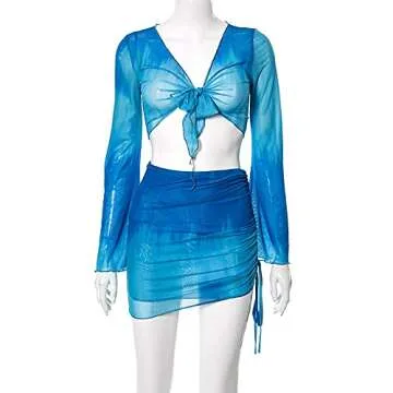 SHESEEWORLD Women's Sexy Long Sleeve 2 Piece Sheer Mesh Cover Up Dress Crop Top Bodycon Ruched Mini Skirt Sets