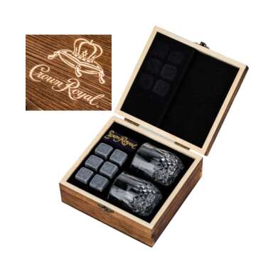 Crown Royal Whisky Glass Set | Wooden Box Set of 2 2.7 oz Glasses with 6 Whiskey Rocks Chilling Stones | Velvet Crown Royal Pouch Included Compatible