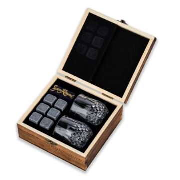 Crown Royal Whisky Glass Set | Wooden Box Set of 2 2.7 oz Glasses with 6 Whiskey Rocks Chilling Stones | Velvet Crown Royal Pouch Included Compatible