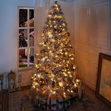 Naomi Home 7.5ft Snow Flocked Christmas Tree with Lights, Realistic Frosted Christmas Tree Prelit with 892 Branch Tips, 550 Warm Lights and Metal Stand, Aritificial Christmas Tree