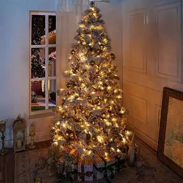 Naomi Home 7.5ft Snow Flocked Christmas Tree with Lights, Realistic Frosted Christmas Tree Prelit with 892 Branch Tips, 550 Warm Lights and Metal Stand, Aritificial Christmas Tree