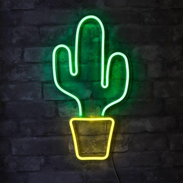 LED Neon Green Cactus Wall Art - USB Powered
